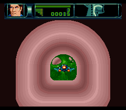 Rex Ronan: Experimental Surgeon (SNES) screenshot: Pilot the ship through the hole in the mucous -- watch out, it rotates!