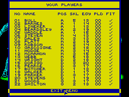 World Cup Challenge (ZX Spectrum) screenshot: Your squad of players