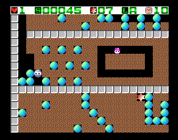 Cave Runner (Amiga) screenshot: A game in progress, the object is to collect the stars without dying. The timer is in the upper right