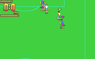 Rick Davis's World Trophy Soccer (Atari ST) screenshot: Bearing down on the goal