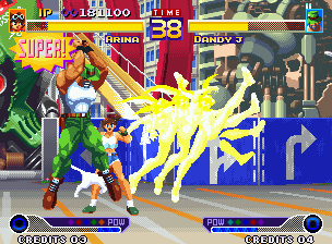 Waku Waku 7 (Neo Geo) screenshot: Arina attempts to hit-damage Dandy J using a Super-Mode-activated Hop Kick, but her strategy fails!