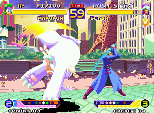 Waku Waku 7 (Neo Geo) screenshot: While Marurun counterattacks through his ES Move Body Press, Slash only awaits a moment to block it.