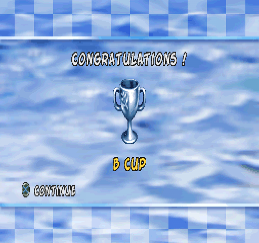 XS Airboat Racing (PlayStation) screenshot: Didn't win the B Cup but still... congratulations.