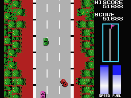 Road Fighter (MSX) screenshot: You slide off the road. Use your brakes.