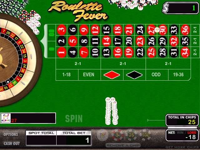 Roulette Fever (Windows) screenshot: After the wheel has been spun the player can see just how much they won/lost on their bet by looking at the net figure in the lower right