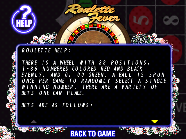 Roulette Fever (Windows) screenshot: The first screen of the in-game scrollable help file