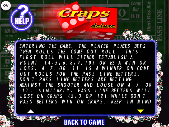 Craps Deluxe (Windows) screenshot: A section of the in-game, scrollable, help file