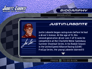 Jarrett & Labonte Stock Car Racing (PlayStation) screenshot: Justin Labronte biography