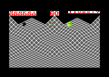 Gyroscope (Amstrad CPC) screenshot: Level 1 start. Your are between two monsters and have to go down.