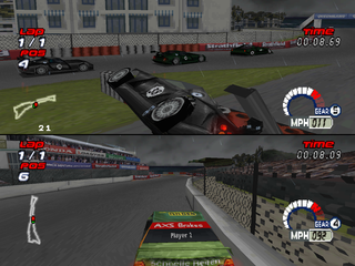 Jarrett & Labonte Stock Car Racing (PlayStation) screenshot: Two player mode, horizontal split-screen