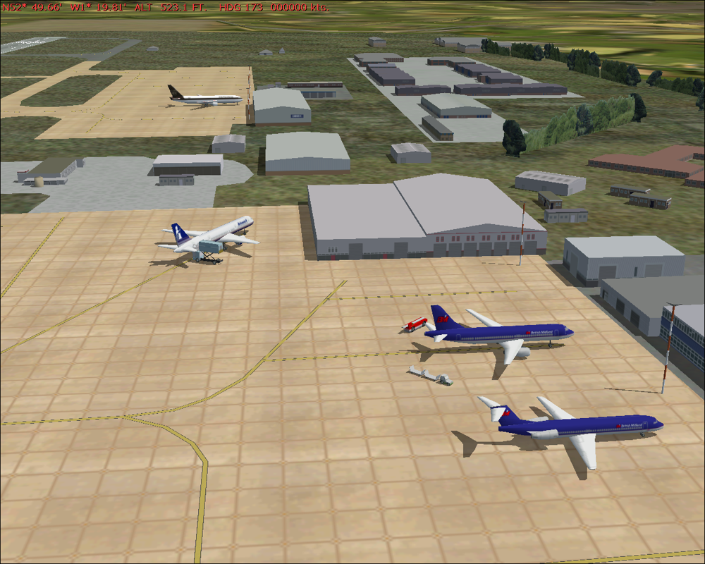 GB Airports (Windows) screenshot: East Midlands - Cargo area at the far apron, service hangars at center, main terminal at right lower corner. Top right corner shows buildings at the East Midlands Aeropark, an aircraft museum.