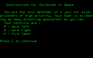 Jailbreak in Space (Nascom) screenshot: Instructions, pt 1