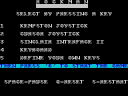 Rockman (ZX Spectrum) screenshot: Main menu