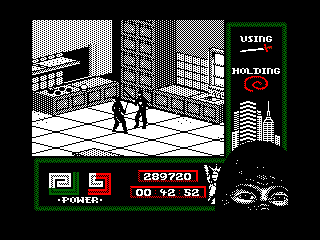 Last Ninja 2: Back with a Vengeance (Amstrad CPC) screenshot: Level 6, "The Mansion": The Kitchen<br> Without a rope I couldn't possibly be here without having triggered the alarm of falling from the food elevator.