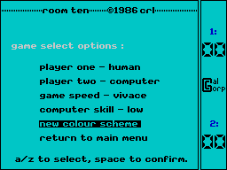 Room Ten (ZX Spectrum) screenshot: The options page, specifically colour changes
