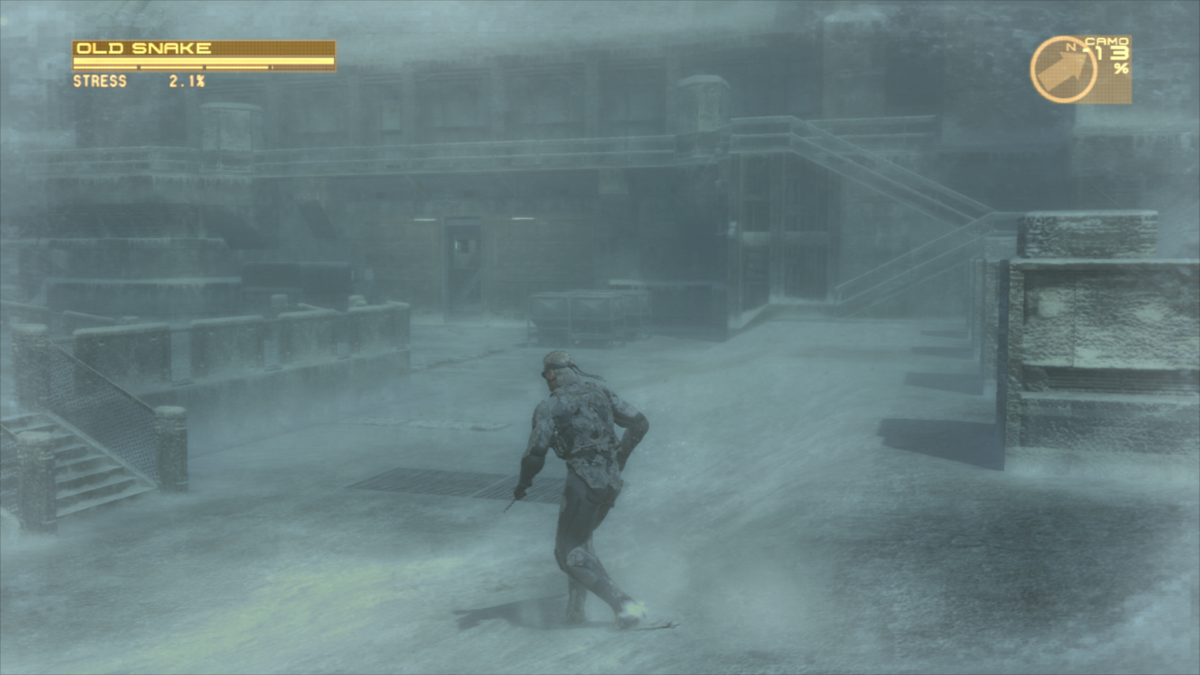 Metal Gear Solid 4: Guns of the Patriots (PlayStation 3) screenshot: Now Shadow Moses island for real. Cool snow effects.