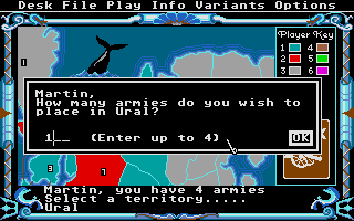 The Computer Edition of Risk: The World Conquest Game (Atari ST) screenshot: Make sure to shore up bordered lands