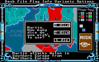 The Computer Edition of Risk: The World Conquest Game (Atari ST) screenshot: Multiple army attacks are simulated using dice rolls