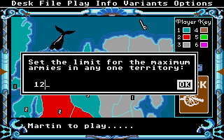 The Computer Edition of Risk: The World Conquest Game (Atari ST) screenshot: Army limitation is one of the options
