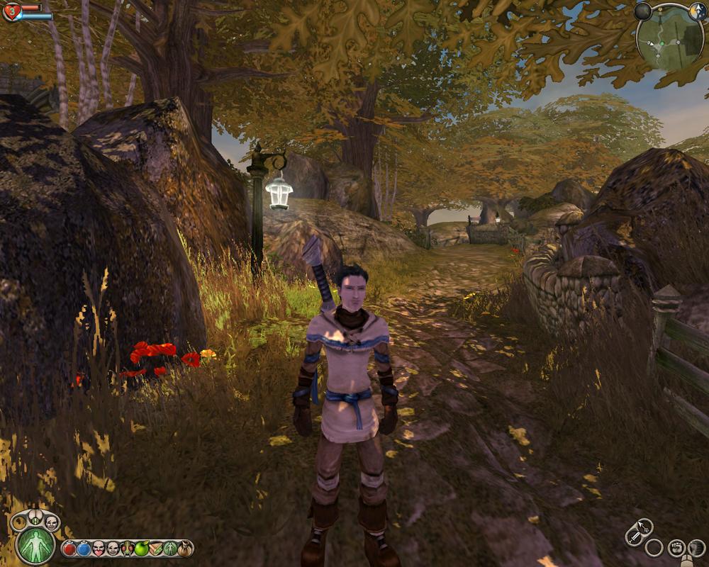 Fable: The Lost Chapters (Windows) screenshot: After the prologue, you start the actual game as a young man. One of the early areas - beautiful forest path, low HP, ahh, the innocence...