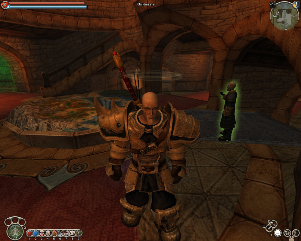 Fable: The Lost Chapters (Windows) screenshot: An experienced, old hero clad in good armor is standing in the middle of the Heroes Guild late in the game