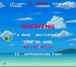 Darius Twin (SNES) screenshot: Warning! End of level boss approaching fast...