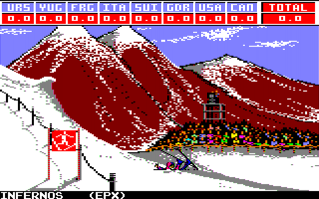 Winter Games (PC-88) screenshot: Attempt at hot-dogging (aka freestyle skiing) failed