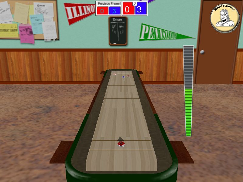 GameRoom Excitement (Windows) screenshot: Shuffleboard: A game in progress. The mouse is used to aim the puck which has to be released when the fluctuating power meter is at just the right setting
