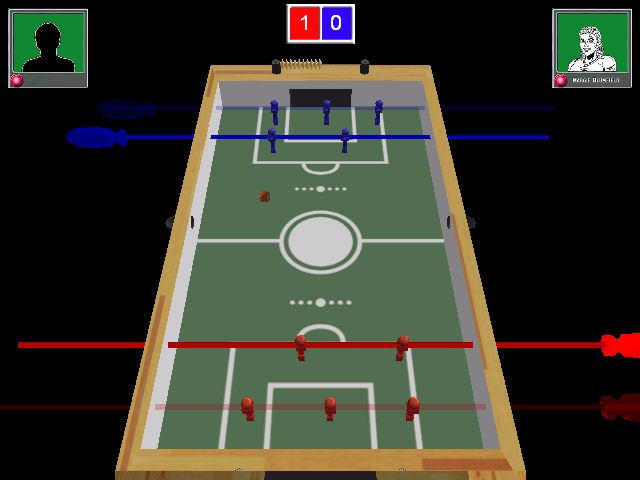 GameRoom Excitement (Windows) screenshot: Foosball: A game of 'Goalie Wars' being played on the the second table using the lowest graphic setting. Note there is no glowing trail following the ball which makes it harder to track