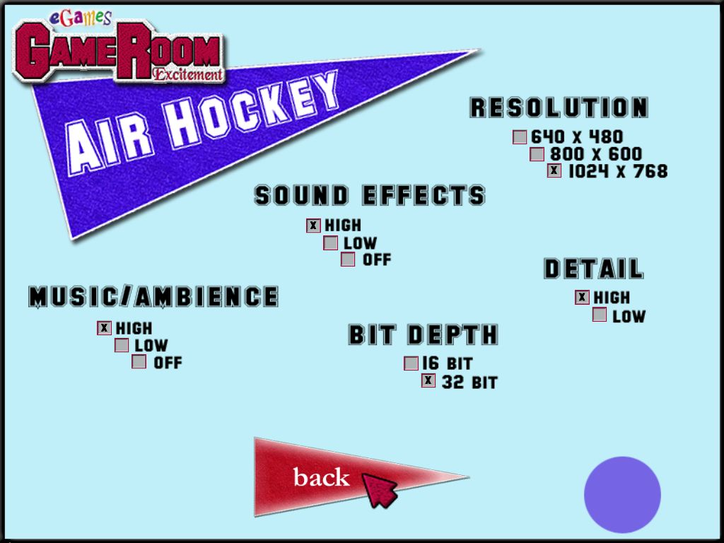 GameRoom Excitement (Windows) screenshot: Air Hockey: These are the game configuration options
