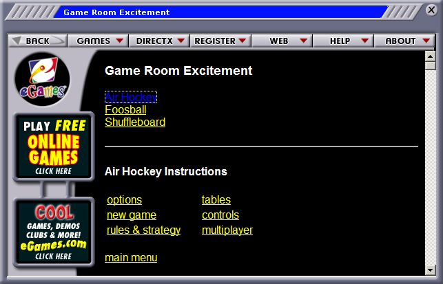 GameRoom Excitement (Windows) screenshot: All help on playing the games is available via the browser