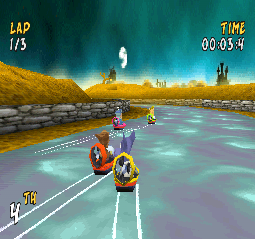 XS Airboat Racing (PlayStation) screenshot: Track: Aqua Verde 2. Using the character named Argyle.