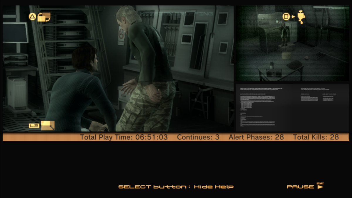 Metal Gear Solid 4: Guns of the Patriots (PlayStation 3) screenshot: Briefing. There are several cameras that you can switch to, and a lot of hidden content in these briefings.