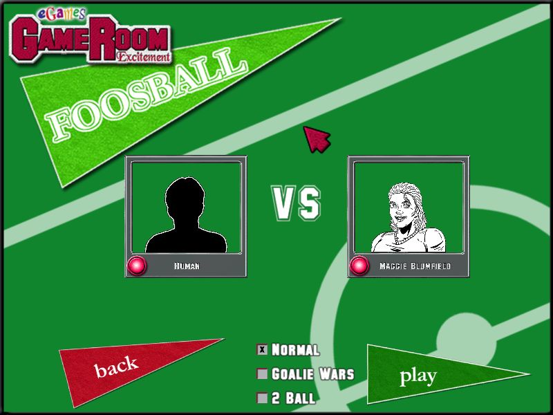 GameRoom Excitement (Windows) screenshot: Foosball: This screen allows the player to select their AI opponent and the type of game