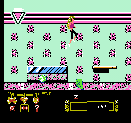 Barbie (NES) screenshot: Barbie jumps to avoid bouncing balls and kites.