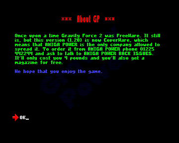 Gravity Power (Amiga) screenshot: About screen