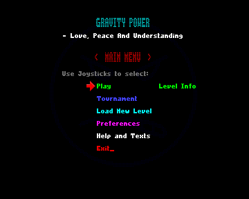 Gravity Power (Amiga) screenshot: Main menu