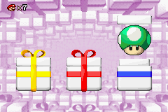 Mario vs. Donkey Kong (Game Boy Advance) screenshot: Stopping the arrow on the right box gives you a 1 UP mushroom