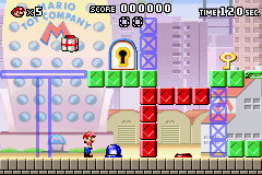 Mario vs. Donkey Kong (Game Boy Advance) screenshot: Jumping on the button removes blocks of that colour