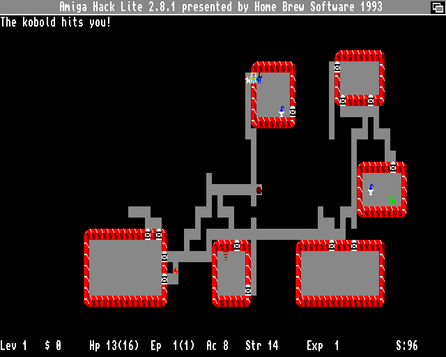 Hack Lite (Amiga) screenshot: Fighting a kobold