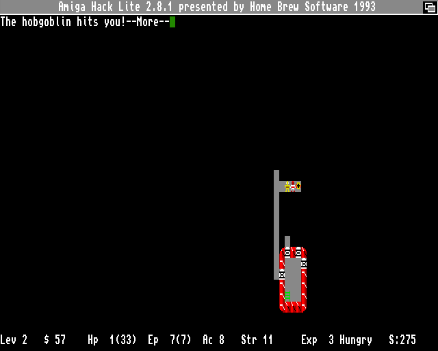 Hack Lite (Amiga) screenshot: Trapped between a floating eye and a hobgoblin