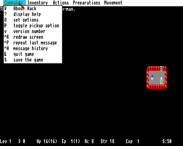 Hack Lite (Amiga) screenshot: Unlike the primordial Hack, this version has mouse-controlled menus