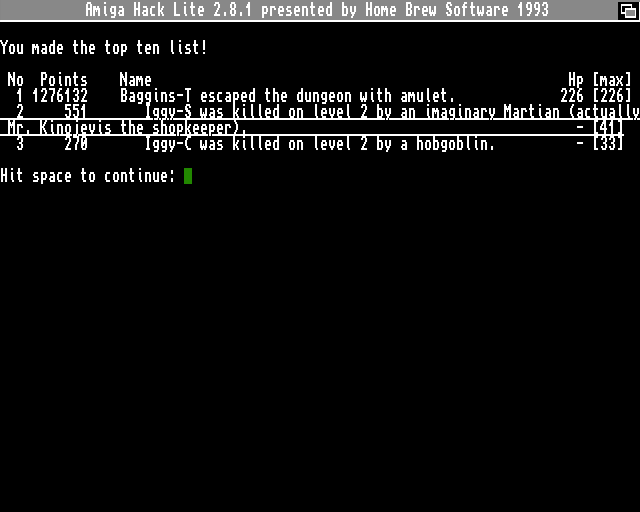 Hack Lite (Amiga) screenshot: High scores