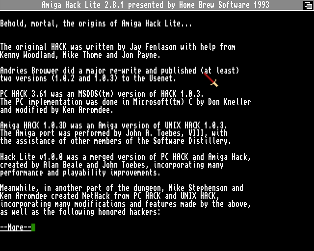 Hack Lite (Amiga) screenshot: Online help