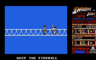 Indiana Jones and the Temple of Doom (Atari ST) screenshot: Level 4 - Indy meets Mola Ram on the bridge for a show down.