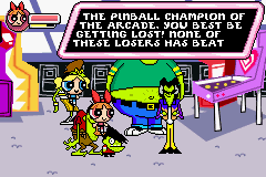 The Powerpuff Girls: Him and Seek (Game Boy Advance) screenshot: The Gangreen Gang challenge you to beat their pinball high score