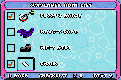 The Powerpuff Girls: Him and Seek (Game Boy Advance) screenshot: The scavenger hunt list