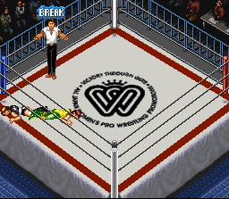 Super Fire Pro Wrestling Queen's Special (SNES) screenshot: The refereee ordering to break a lock