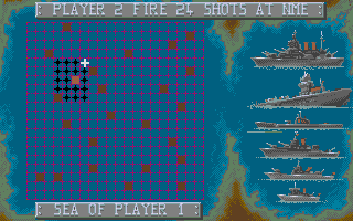 Battleship (Atari ST) screenshot: Trying to finish off one that I hit earlier