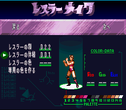 Super Fire Pro Wrestling Queen's Special (SNES) screenshot: Setting the looks in CaW mode
